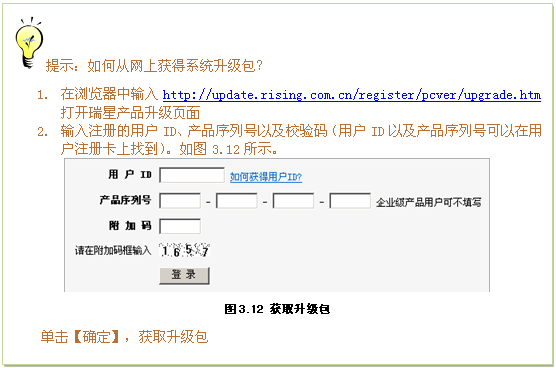 文本框:  提示：如何从网上获得系统升级包？
1.	在浏览器中输入http://update.rising.com.cn/register/pcver/upgrade.htm
打开瑞星产品升级页面
2.	输入注册的用户ID、产品序列号以及校验码（用户ID以及产品序列号可以在用户注册卡上找到）。如图3.12所示。
 
图3.12 获取升级包
单击【确定】，获取升级包


